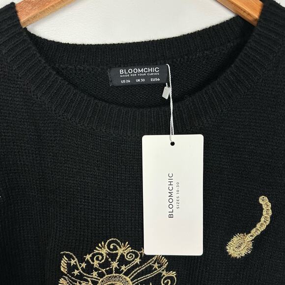 NWT Bloomchic Black Embroidered Knit Celestial Autumn Cozy Sweater Size 26 - Picture 3 of 9